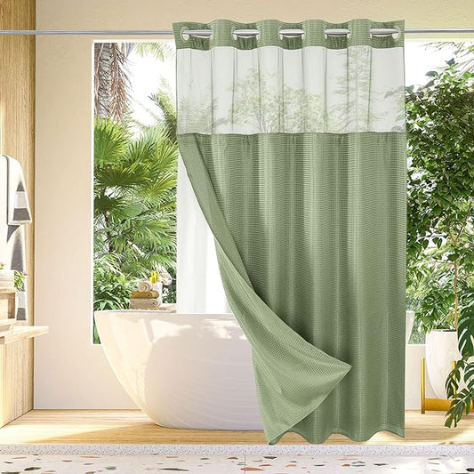 Gibelle No Hook Waffle Weave Shower Curtain with Snap-in Fabric Liner Set for Bathroom, Hotel Style with Mesh Top Window, Waterproof & Washable, Sage Green, 72x74