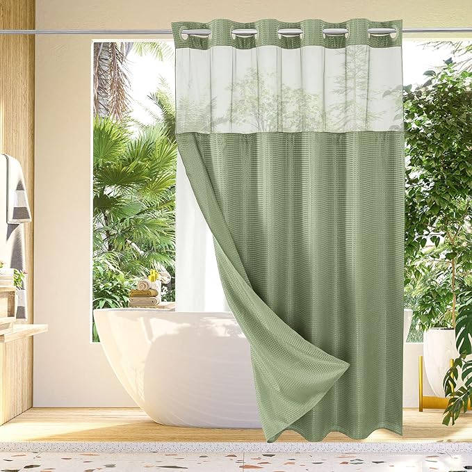 Gibelle Long Shower Curtain 72x80, Waffle Weave Bathroom Shower Curtain with Snap-in Fabric Liner Set, No Hooks Needed, Hotel Style with Mesh Top Window, Sage Green