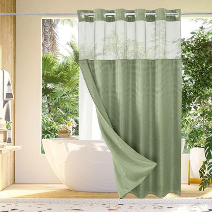 Gibelle Long Shower Curtain 72x80, Waffle Weave Bathroom Shower Curtain with Snap-in Fabric Liner Set, No Hooks Needed, Hotel Style with Mesh Top Window, Sage Green