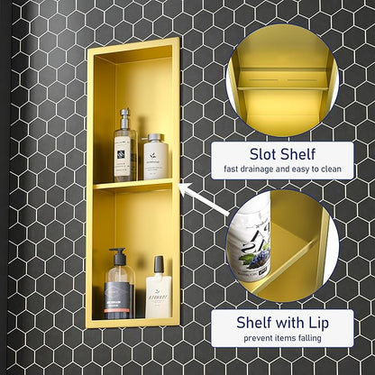 Stainless Steel Shower Niche 8"×24" Gold Double Shelf No Tiled Needed Niche Shower for Bathroom Wall Recessed Bathroom Shelf for Storage