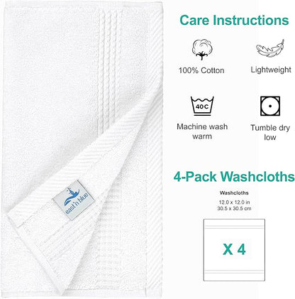 EastNBlue Lara 100% Turkish Cotton Washcloths 4 Pack, Extra Soft & Absorbent Wash Cloths for Face & Body (12" x 12"), Terry Cloth, Small Hand Towels for Bathroom, White
