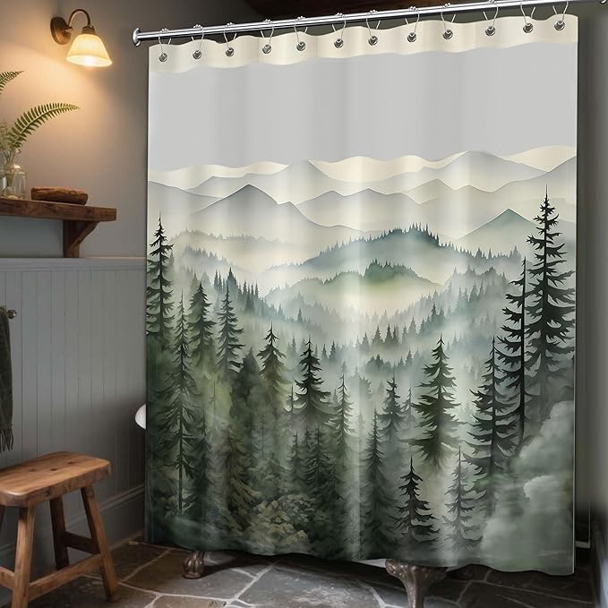 Forest See Through Mesh Top Shower Curtain with Window, Nature Mountain Double Layer Shower Curtains with Snap in Liner with Magnets, Waterproof Cloth Fabric with Hooks, 71" W x 72" L