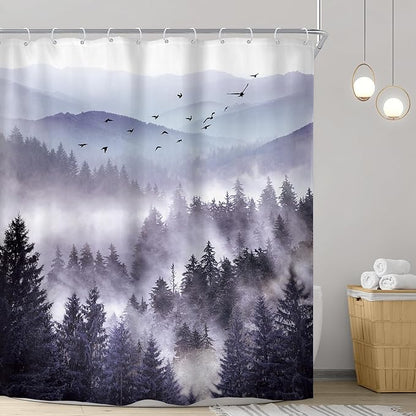 Riyidecor Purple Shower Curtain 72Wx96H Inch Extra Long Mountain Nature Woodland Scenery Park Scene View Foggy Pine Tree Alpine Cool Mens Bathroom Decor Fabric Polyester Waterproof 12 Pack Hooks