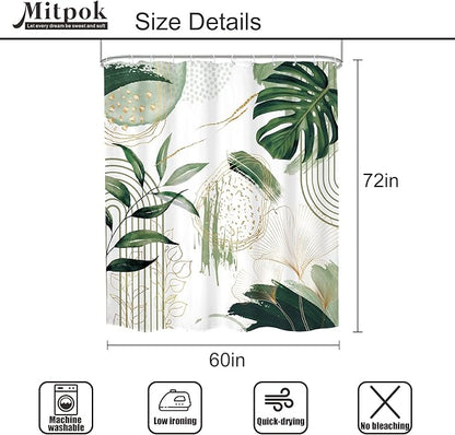 Green Boho Shower Curtain 60Wx72H Sage Green Bohemian Modern Abstract Tropical Palm Leaves Plant Mid Century Bathroom Decor Minimalist Geometric Bath Curtain Fabric Polyester 12 Pack Hooks
