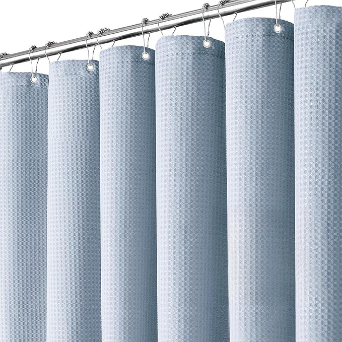 Inhousolu Fabric Shower Curtain Waffle Weave, Fog Blue 230 GSM Heavy Duty, Weighted Hem, 14 Metal Hooks, Water Repellent, Machine Washable, Hotel Spa Luxury Bath Curtain Set, 72 x 96 Inch