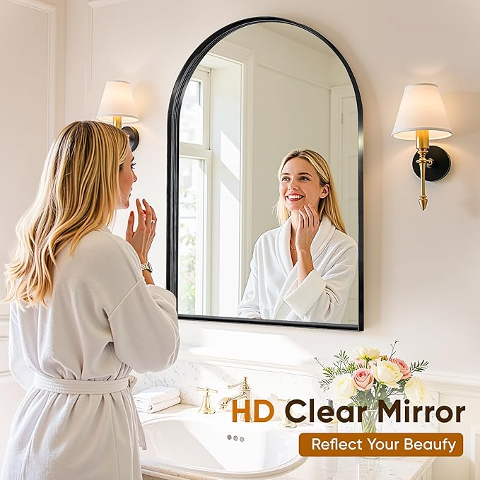 Arched Mirror 24"x36", Bathroom Mirror, Wall Mounted Vanity Mirror with Arch Metal Frame for Bathroom, Over Sink, Bedroom, Living Room, Deep Frame, Black