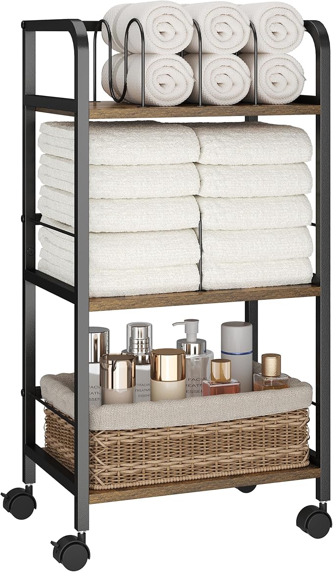 Towel Rack Free Standing Rolling 3-Tier with Removable Dividers & 2 Brake Wheels, Mobile Bathroom Storage Organizer with 3 Wood Shelves for Towels, Toiletries, Poolside Towel Holder