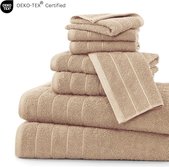 Casa Platino 100% Cotton 8 Piece Bath Towel Set - Ring Spun, Quick Dry, Super Soft & Highly Absorbent - 2 Bath, 4 Washcloths, 2 Bathroom Hand Towels - Hotel Quality Bathroom Towel Set - Beige