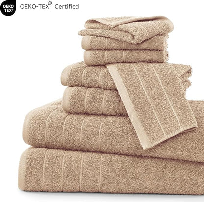 Casa Platino 100% Cotton 8 Piece Bath Towel Set - Ring Spun, Quick Dry, Super Soft & Highly Absorbent - 2 Bath, 4 Washcloths, 2 Bathroom Hand Towels - Hotel Quality Bathroom Towel Set - Beige