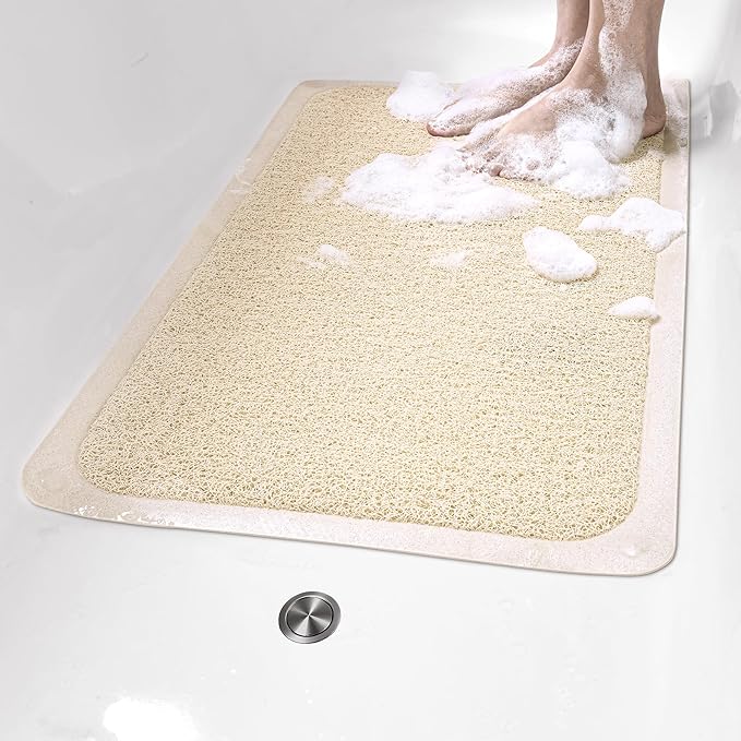 Mecko Non Slip Shower Mats, 17x30 Inch, Anti-Slip Bathtub Mats with Suction Cups for Bathroom, Foot Scrubber Loofah Bath Mats for Shower, Quick Drying Shower Stall Mats for Wet Areas (Beige)