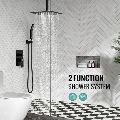 SR SUN RISE 10 Inch Ceiling Mounted Shower System Rain Mixer Shower Combo Set Rainfall Shower Head System Matte Black Shower Faucet Rough-in Valve Body and Trim Included
