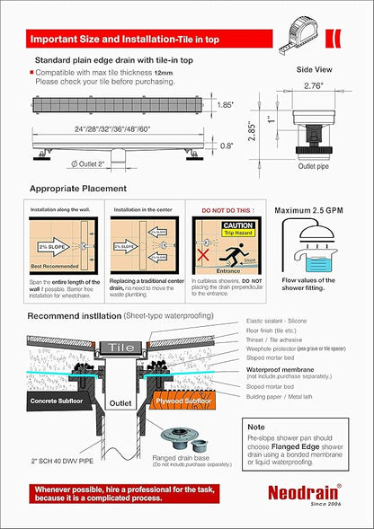 Neodrain 60-Inch Linear Shower Drain with Tile Insert Grate,Brushed 304 Stainless Steel Rectangle Shower Floor Drain, Linear Drain with Leveling Feet, Hair Strainer