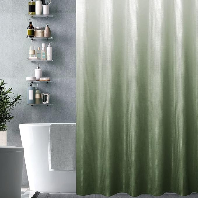 Gibelle Small Stall Shower Curtain 36 x 72, Narrow Half Sage Green Ombre Shower Curtain for Bathroom, Waffle Weave Fabric Shower Curtain Set with Hooks, Water Repellent, Machine Washable