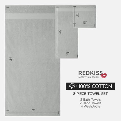 REDKISS Grey Towel Set of 8-100% Cotton Luxury Bath Towels Set for Bathroom, 600 GSM Highly Absorbent Bathroom Towel with 2 Large Bath Sheet, 2 Hand, 4 Washcloths, Grey Shower Towels for Dorm
