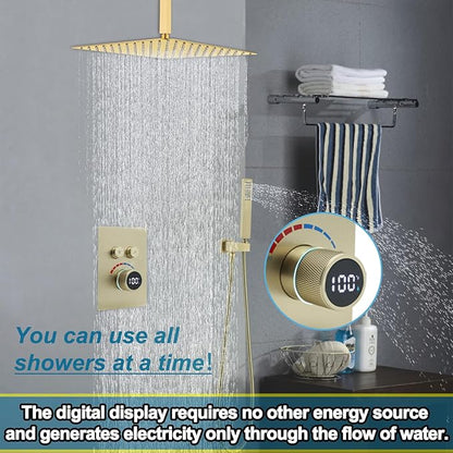 Digital Display Shower System Set 16 Inches Rain Fall Head Temperature Valve Shower Handheld Shower Head Sets for Bathroom Concealed Installation