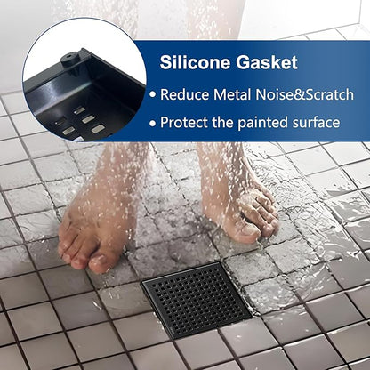 Neodrain 6 Inch Square Shower Drain with Removable Quadrato Pattern Grate, Matte Black 304 Stainless Steel Square Drain, with Watermark&CUPC Certified, Hair Strainer