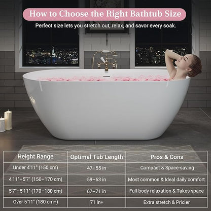 ABRUZZO 60" Acrylic Freestanding Bathtub - Oval Deep Soak Tub, Center Drain & Overflow, cUPC Certified Glossy White