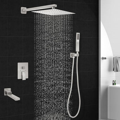 12 inch Square Shower Head and Handheld Set, Gasecoet Shower System with Tub Spout Wall Mounted Shower Faucet for Bathroom - Brushed Nickel (With Shower Valve)