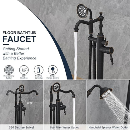Oil Rubbed Bronze Standing Bathtub Faucet Freestanding Tub Filler High Pressure Single Handle Bathtub Filler Floor Mounted Brass Bathroom Stand Tub Faucets with Handheld Shower