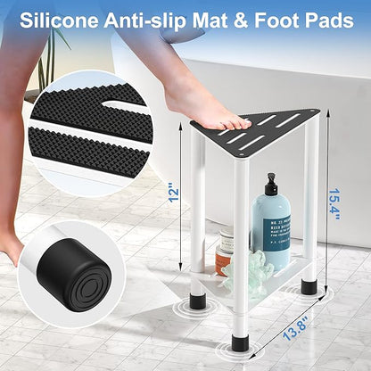 Stainless Steel Shower Stool for Inside Shower, 15.4'' H Shower Foot Rest, Corner Shower Stool with Storage Shelf, Shower Step for Shaving Legs, Bathroom Corner Shower Bench, White