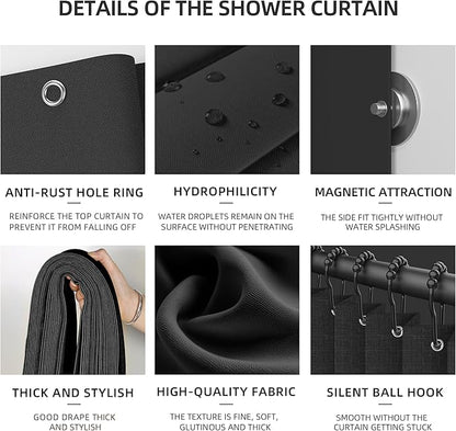 Bathroom Magnetic Folding Shower Curtain, Accordion-Style Shower Curtain, Suitable for Shower Rooms, bathtubs, Hotels or Apartments (Black, W:70*H79.5Inch)