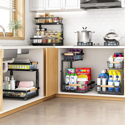 PXRACK 2 Pack Under Sink Organizer,Adjustable Height,2 Tier Pull Out Under Cabinet Organizer,Slide Out Thickened Metal Under Sink Storage for Kitchen Bathroom Laundry Cabinet Pantry,Black(S)
