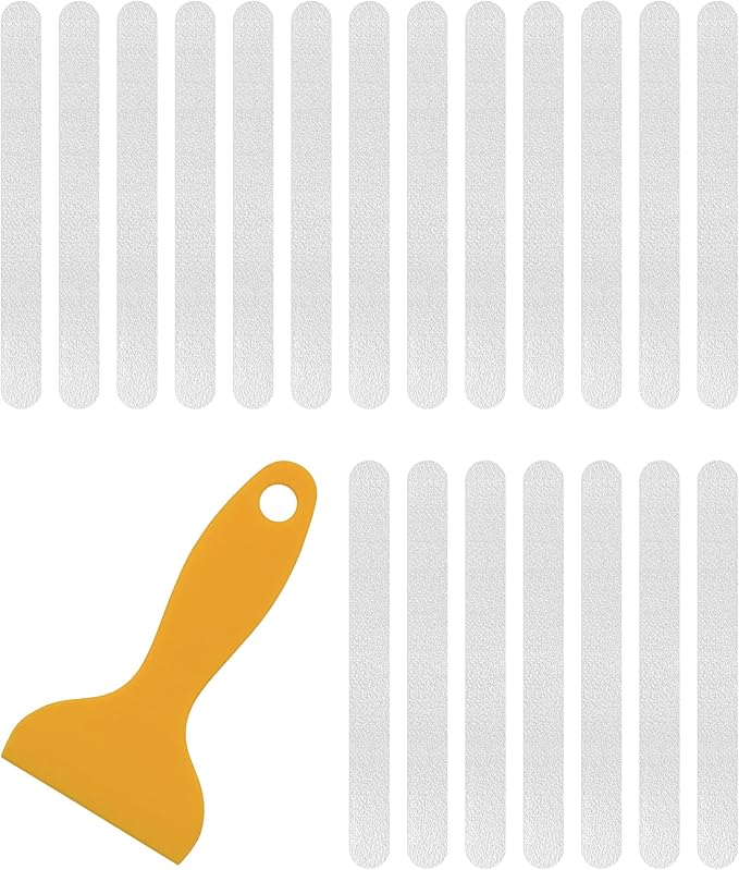 20-Pack Clear Bathtub Stickers Non-Slip, Long-Strip Shower Treads with Scraper, Peel-and-Stick Safety Decals for Tub & Shower Floor, Removable, Barefoot-Soft Grip