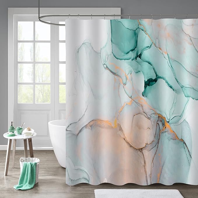 Gibelle Abstract Marble Shower Curtain, Teal Grey Fabric Shower Curtain for Bathroom, Modern Ink Art Decor Waterproof Shower Curtain Set with Hooks, 71x71