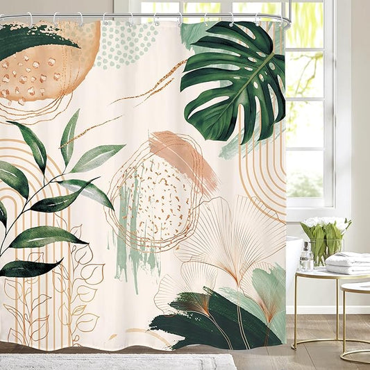 Boho Shower Curtain 60Wx72H Bohemian Modern Mid Century Abstract Sage Green Tropical Palm Leaves Plant Bathroom Decor Minimalist Geometric Neutral Bath Curtain Fabric Polyester 12 Pack Hooks