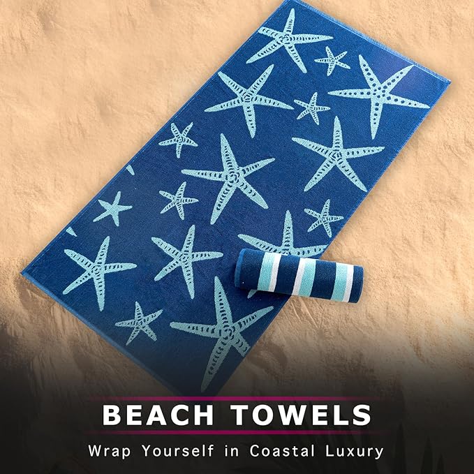 CASA COPENHAGEN Miami Bath Sheets Designed in Denmark Rough and Tough, Quick Dry, for Pool, Bath & Shower 35"x70", 2 Pieces Cotton Beach Towels Set - Star Fish Navy + Turquoise Stripe