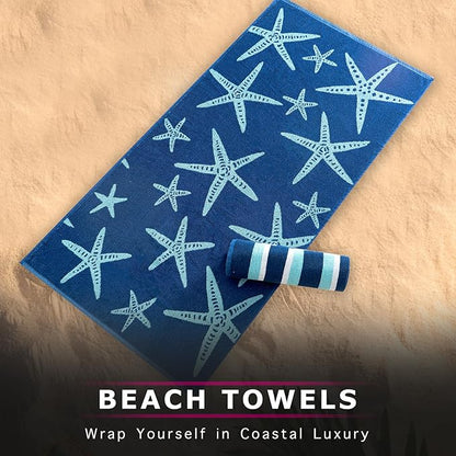 CASA COPENHAGEN Miami Bath Sheets Designed in Denmark Rough and Tough, Quick Dry, for Pool, Bath & Shower 35"x70", 2 Pieces Cotton Beach Towels Set - Star Fish Navy + Turquoise Stripe