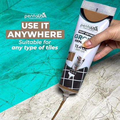 PentaUSA Tile Grout - Large Grout Filler Repairs Renews Tube, Fast Drying Grout Repair Kit, Odorless Formula - Grout Floater Included - 13.4oz / 380gr (Brown)