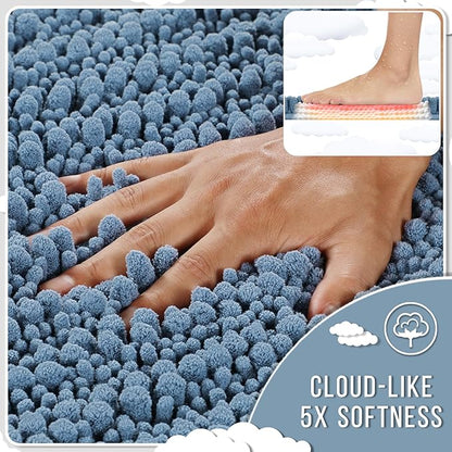 Yimobra Bathroom Rugs Sets 2 Piece - Quick Dry Extra Thick Luxury Chenille Bath Mat, Non Slip Super Absorbent for Tub Shower Sink, Machine Washable Shaggy Floor Mat, 32"x20"+24"x17" Inch, Denim Blue