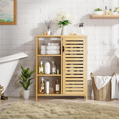 HITNET Bathroom Floor Cabinet, Bamboo Storage Cabinet with Door and 3 Open Shelves, Freestanding Side Kitchen Cupboard Organizer, Natural