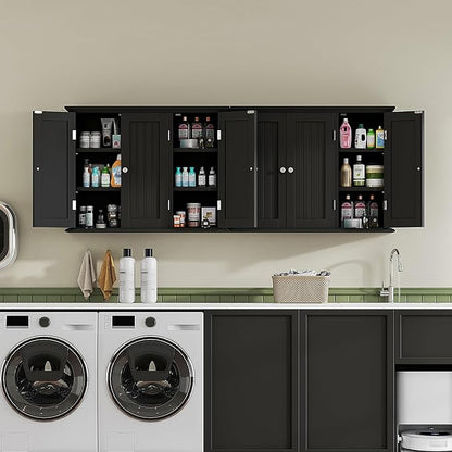 ChooChoo Bathroom Wall Cabinet with 3 Doors, Laundry Cabinet Wall Mounted, Medicine Cabinet with Adjustable Shelves, Hanging Kitchen Cupboard Organizer, Black