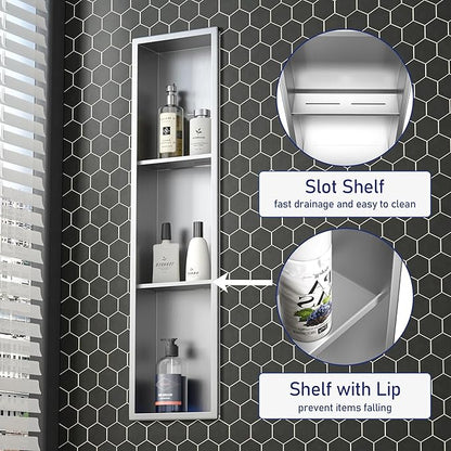 Stainless Steel Shower Niche 8"×36" with 3-Tier Shelves Brushed No Tiled Needed Niche Shower for Bathroom Wall Recessed Shower Shelf for Storage