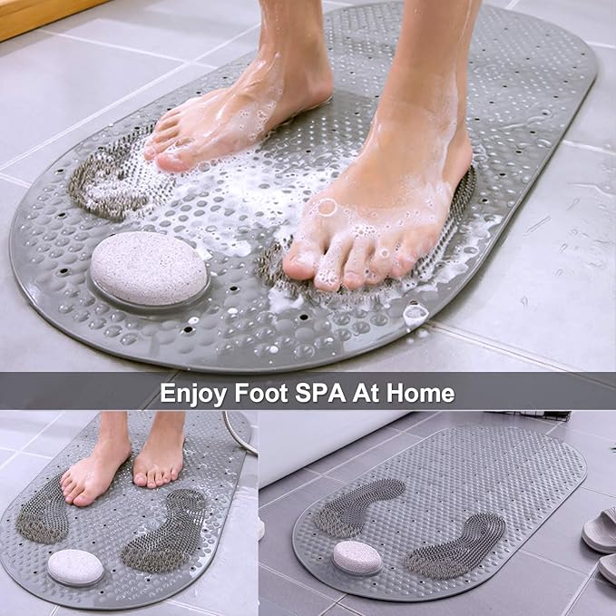 MOLFUJ 32"X16" Foot Scrubber Shower Mat with Feet Scrub Stone, Oval Bathtub Mat with Antislip Suction Cups and Drain Holes, Non Slip with A Pumice Stone for Feet Massage - Grey