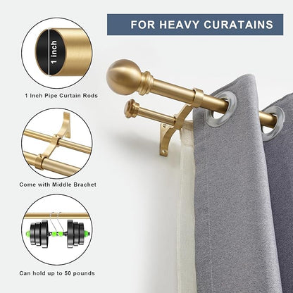 Double Curtain Rod, Adjustable 1 inch Double Drapery Rod Rods for Windows 28 to 48 inch,Ball Round Finials with Brackets Set (28-48",Gold)