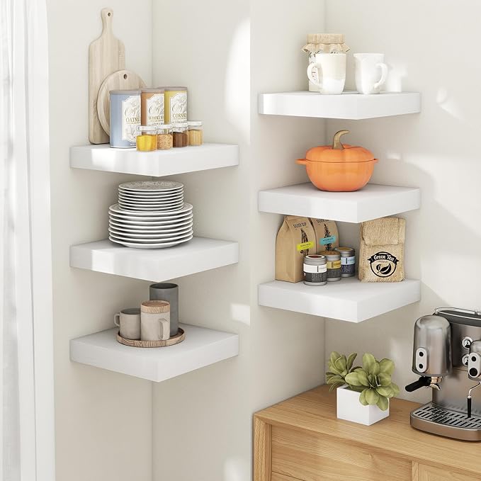 12 Inch Square Floating Shelves for Wall 2 Pack, 12"D Wood Grain Bathroom Shelves with Invisible Brackets, Easy Install Engineered Wood Storage Shelves for Kitchen, Living Room, Bedroom, White Finish