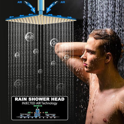 Brushed Gold Shower System with 12 inch Ceiling Mounted Shower Head and Handheld Shower, 4 PCS Body Jet, with Digital Temperature Display Function