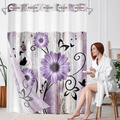 No Hook Purple Flower Shower Curtain with Snap in Fabric Liner Set, Rustic Farmhouse Daisy Double Layers Waterproof Fabric with See Through Top Window Open Grommet Bath Curtain 71x74 Inch