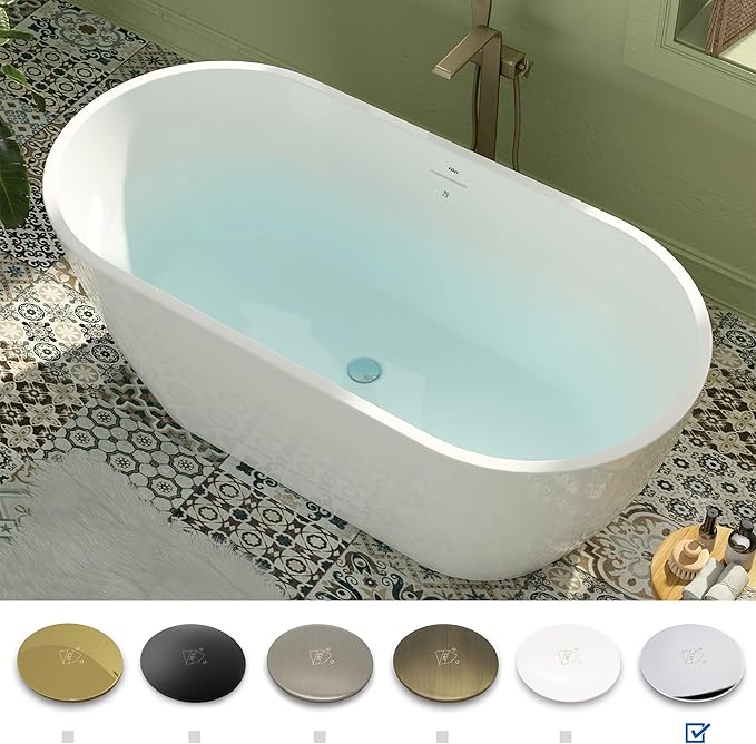 FerdY 59" Bali Elite Acrylic Freestanding Bathtub, Gracefully Shaped Freestanding Soaking Bathtub, cUPC Certified, Toe-Tap Chrome Drain and Minimalist Linear Design Overflow Included