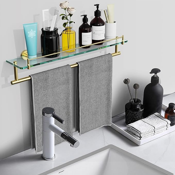 24-Inch Towel Rack with Shelf -Tempered Glass Bathroom Shelf with Towel Bar - Brushed Gold Modern Stainless Steel, Wall Mount Rustproof Tower Holder