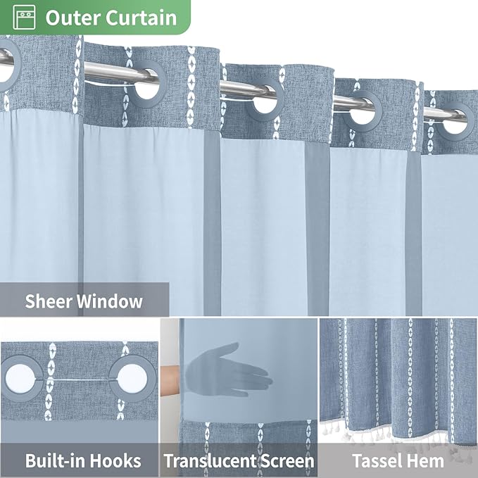 No Hook Extra Long Shower Curtain Set with Snap-in Liner,Linen Textured Thick Striped Fabric with Tassels,Boho Chic Modern Farmhouse Bathroom Curtain,Water-Repellent,Blue,71x86