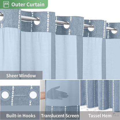 Boho Farmhouse No Hook Shower Curtain Set with Snap-in Fabric Liner,Heavy-Duty Linen Textured Rustic Striped Design,Water-Repellent with Tassels and Sheer Window,Blue,71x74