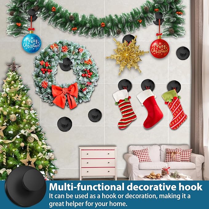 Suction Cup Hooks for Shower, 2 PCS No-Drill Towel Holder for Bathrooms Wall, Glass Door, Mirror, Tiles, Kitchen, Hold Robe & Wreath, Hanging up to 15 lbs – Waterproof & Rustproof, Matte-Black