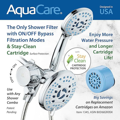 AquaCare Skin & Hair - World's Only Shower Head Combo Filter with Built-in 3-way Water Diverter, ON/OFF Filtration Modes, Instant Cartridge Reload & Stay-Clean American KDF Cartridge, Chrome Finish