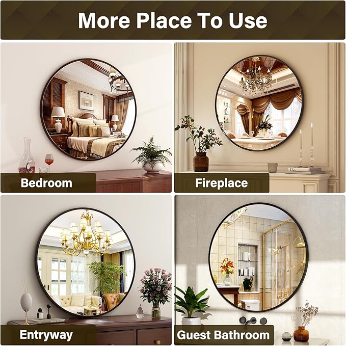 24 Inch Round Mirror - Circle Mirrors for Bathroom, Entryway and Living Room Wall Decor, Modern Hanging Vanity Mirror, Matte Black Circle Decorative Wall Mirror