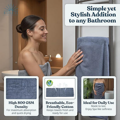 Soleil Fine Goods Luxurious 800 GSM 100% Cotton Bath Towel Set (4-Pack, 27x54) - Heavyweight & Ultra Absorbent, Plush Softness for Bathroom | Hotel & Spa Quality Luxury Towels- Blue Grey