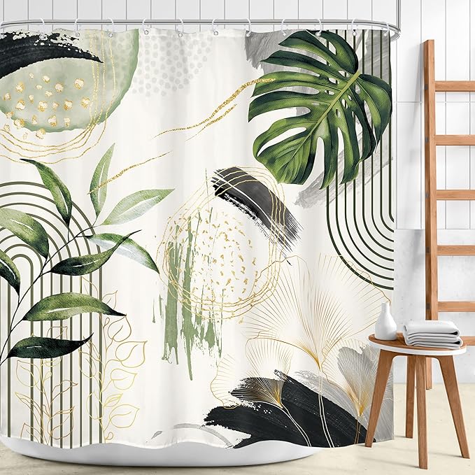 Grey Green Boho Shower Curtain 72Wx72H Abstract Tropical Palm Leaves Modern Bohemian Minimalist Gold Leaf Mid Century Plant Bathroom Decor Botanical Bath Curtain Fabric Polyester 12 Pack Hooks